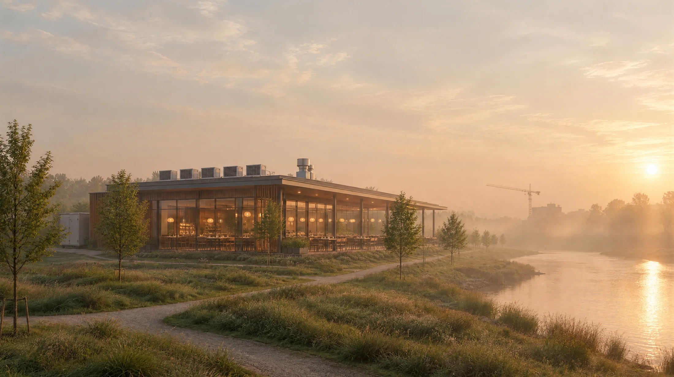A riverside restaurant at dawn, six rooftop units on the roof and a tower crane behind it