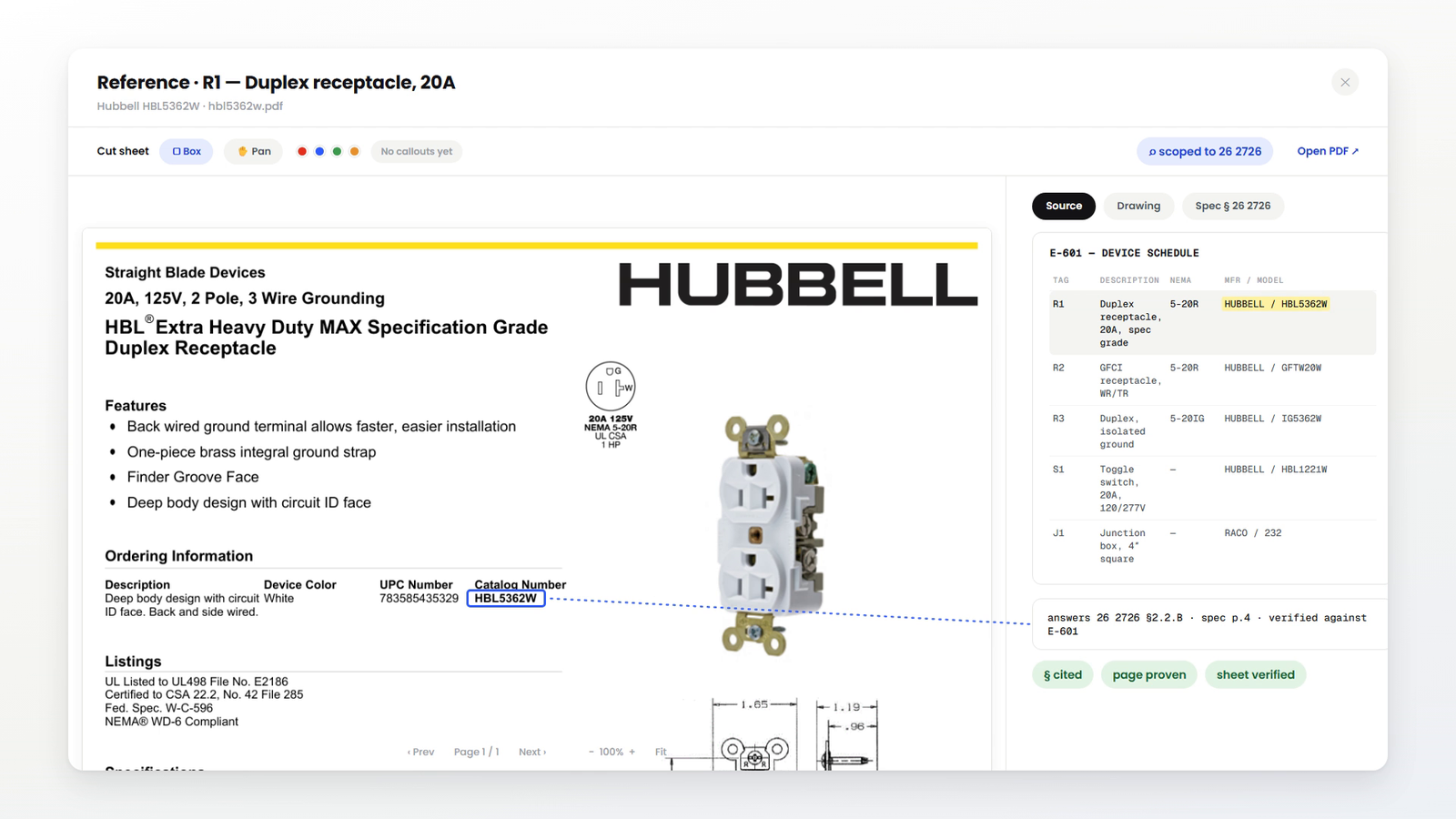 Beem's reference viewer: a real Hubbell cut sheet beside the E-601 device schedule, the named model highlighted, the citation traced to the page
